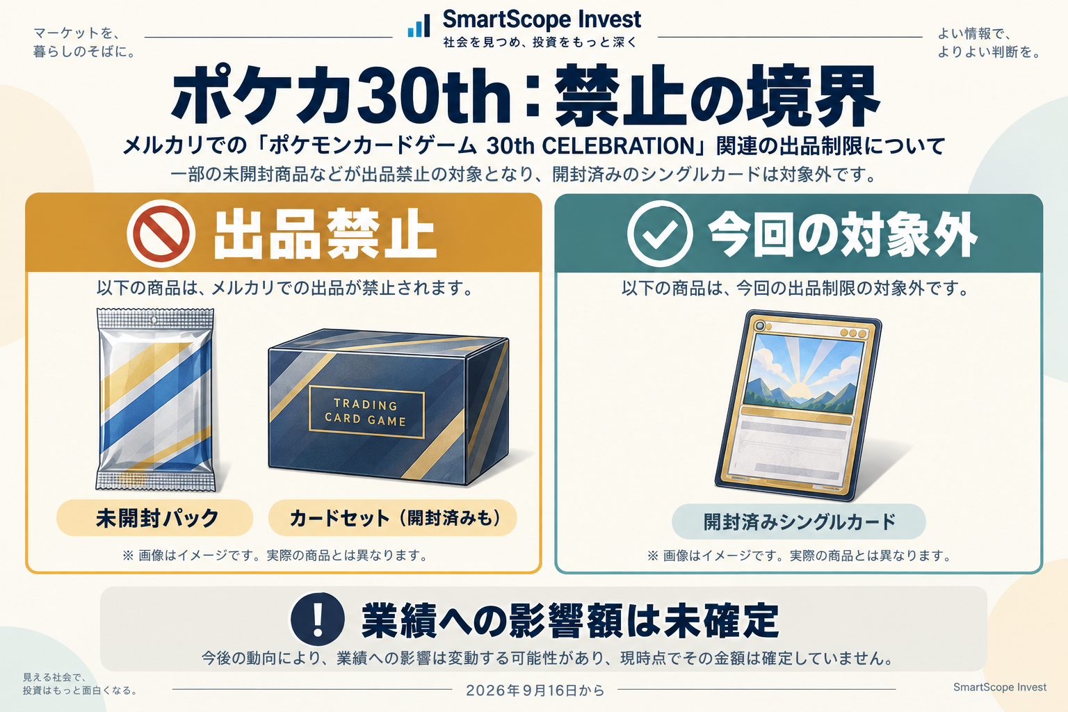 ポケカ30thの未開封パックとカードセットは禁止、開封済みシングルカードは今回の対象外。業績影響額は未確定。